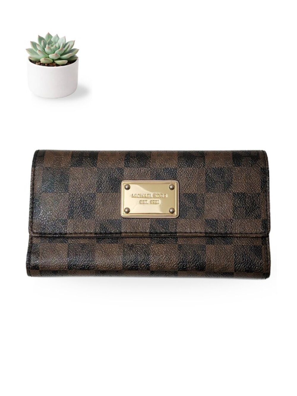 Michael Kors Jet Set Checkbook Wallet Brown Checkerboard Logo Print Gold Plate